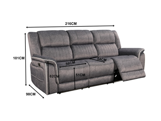 Hannan Fabric 3+2 Electric Recliner Sofa Set Grey