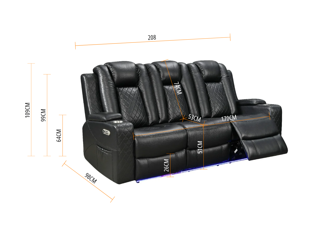 Sianna Electric Recliner 3 Seater Sofa Black Aire Leather