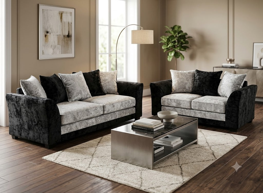 Black & Silver 3+2 Seater Sofa Set – Modern Crushed Velvet