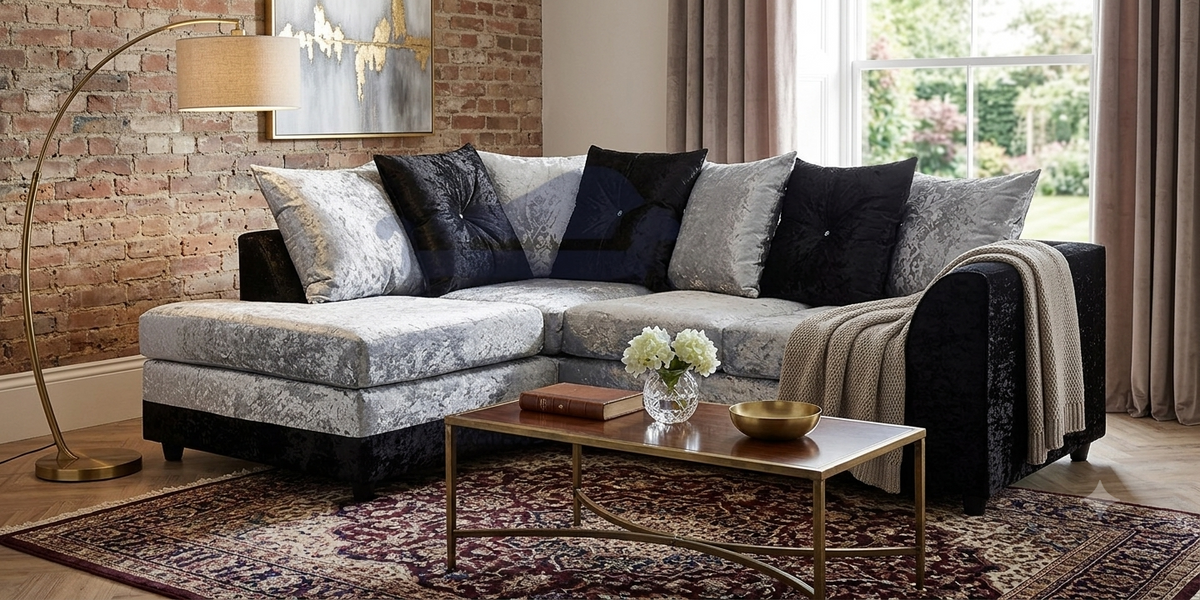 Black & Silver 3+2 Seater Sofa Set – Modern Crushed Velvet