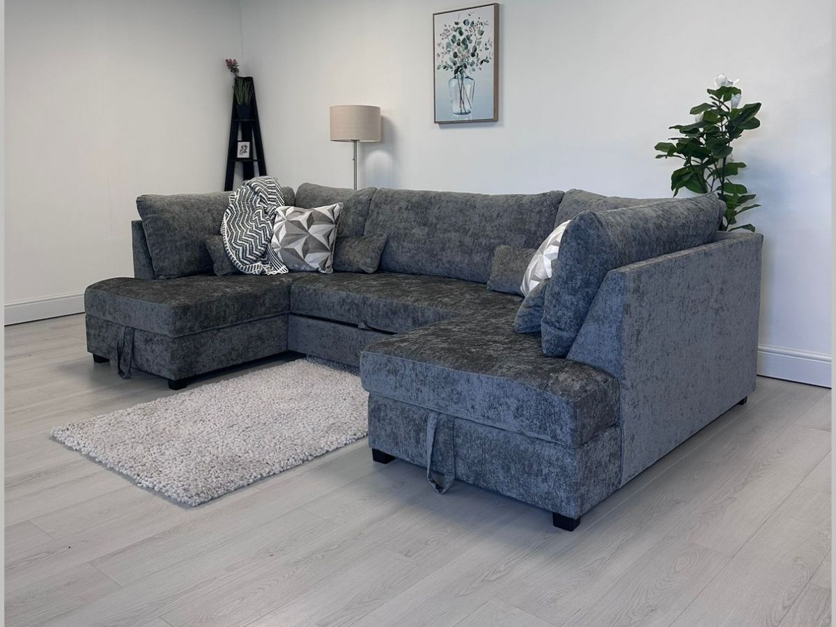 Meridian U Shape Sofa Bed with Storage Alaska Chenille Platinum Grey