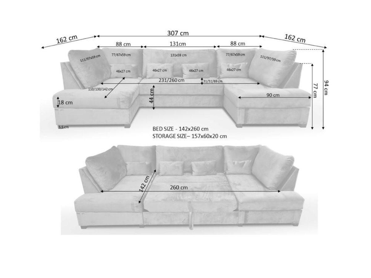 Meridian Enzo Sofa Bed U Shaped with Storage