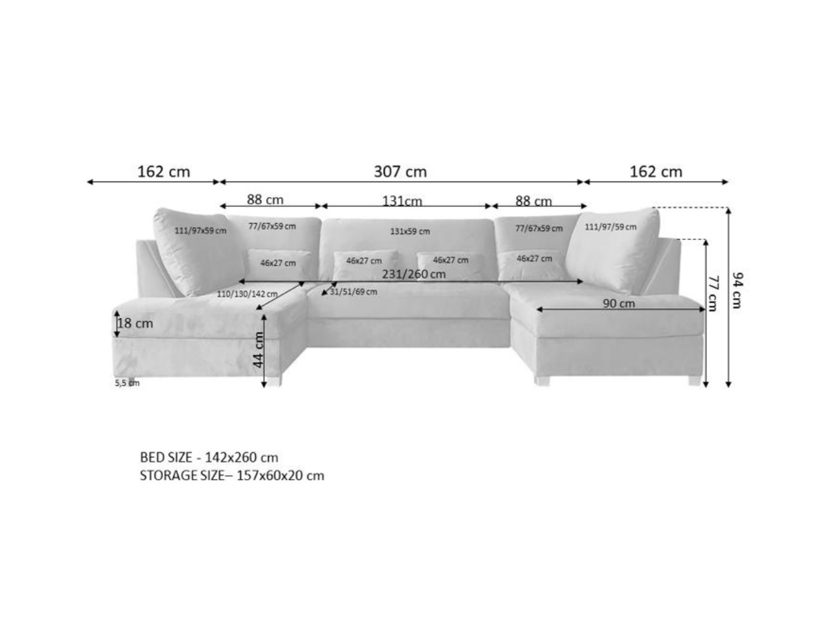 Meridian Enzo Sofa Bed U Shaped with Storage