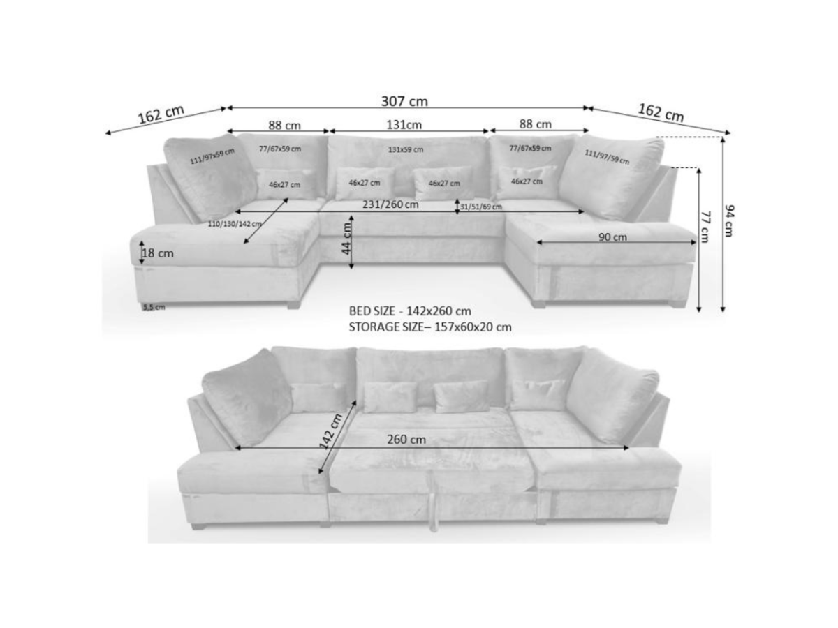 Meridian Green Sofa Bed with Storage U Shaped