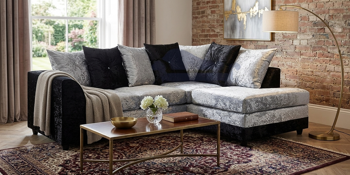 Black & Silver 3+2 Seater Sofa Set – Modern Crushed Velvet