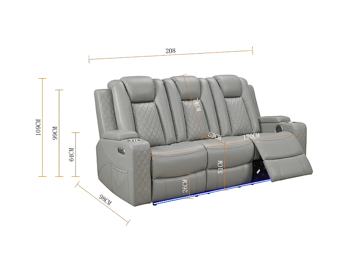 Sianna Electric Recliner 3 Seater Sofa Grey Aire Leather