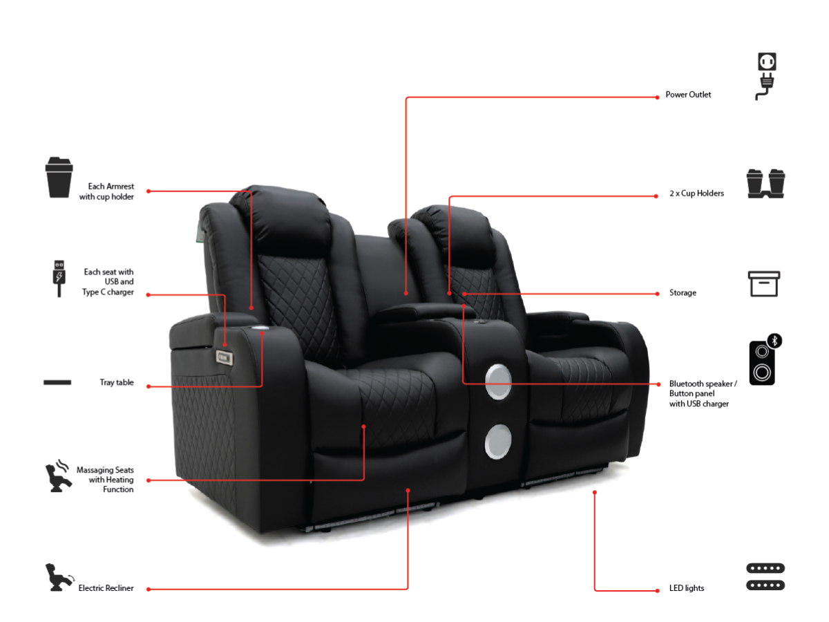 Tech 8 Smart 3+2+1 Electric Recliner Sofa Set Black Aire Leather