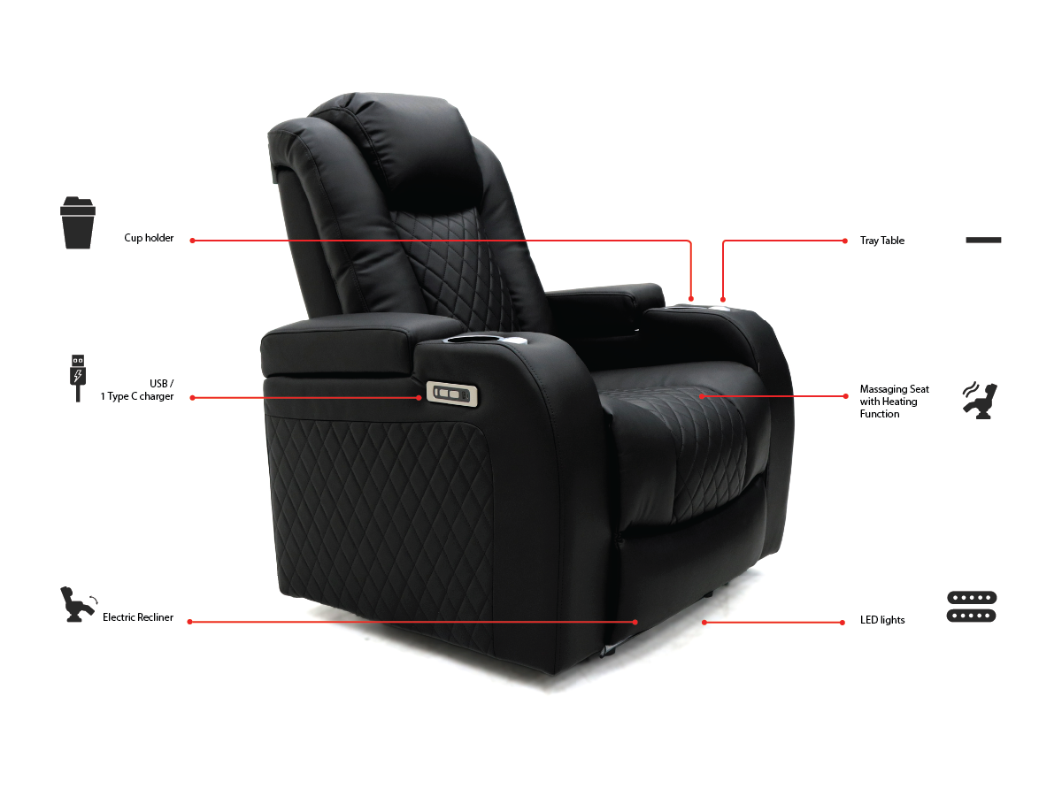 Tech 8 Smart Electric Recliner Armchair Black Aire Leather