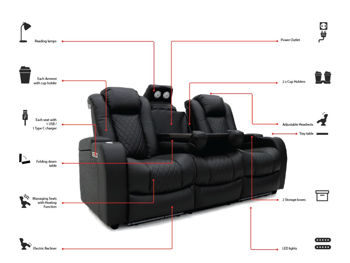 Tech 8 Smart 3+2 Electric Recliner Sofa Set Grey Aire Leather