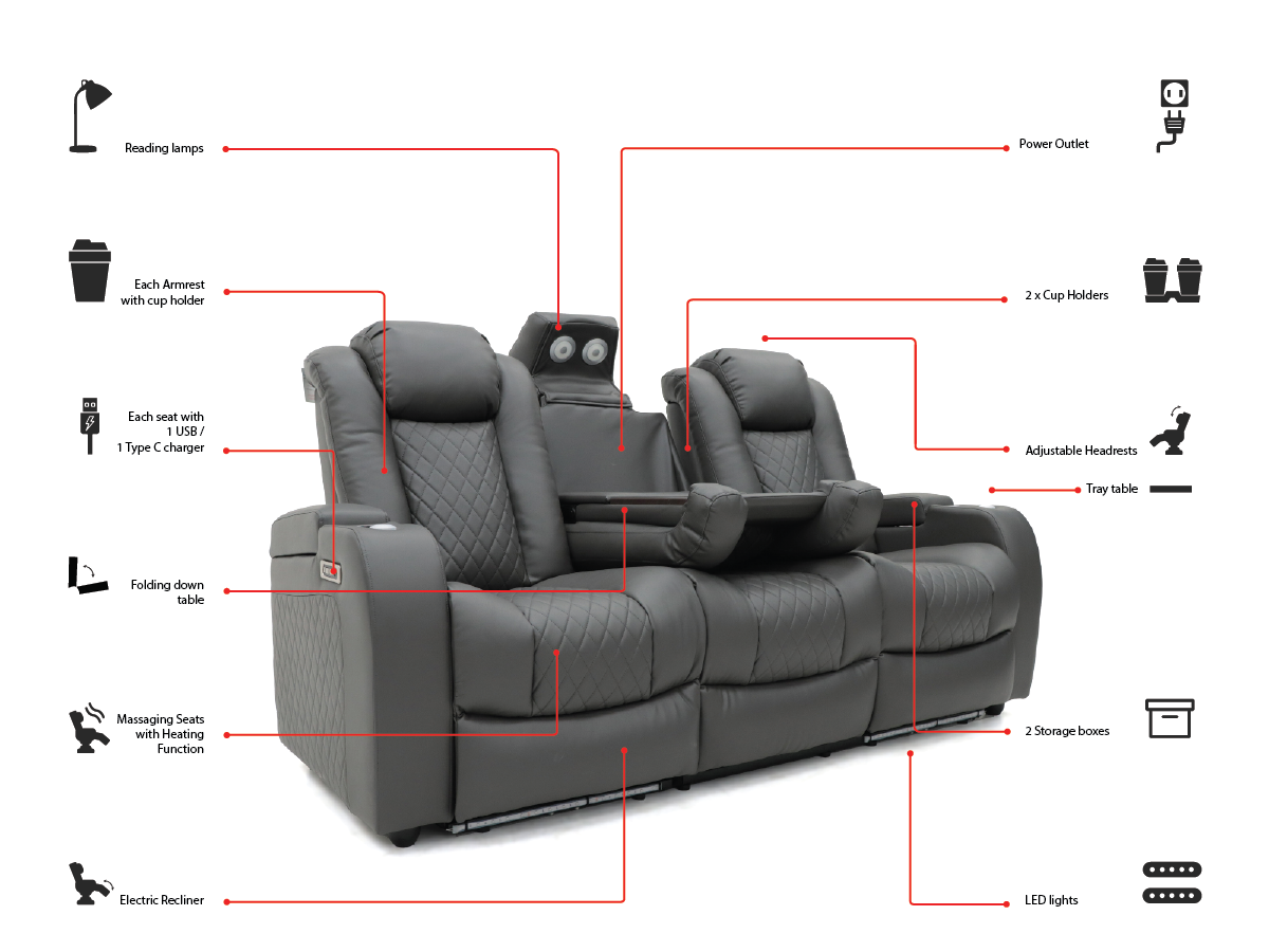 Tech 8 Smart 3+2+1 Electric Recliner Sofa Set Grey Aire Leather