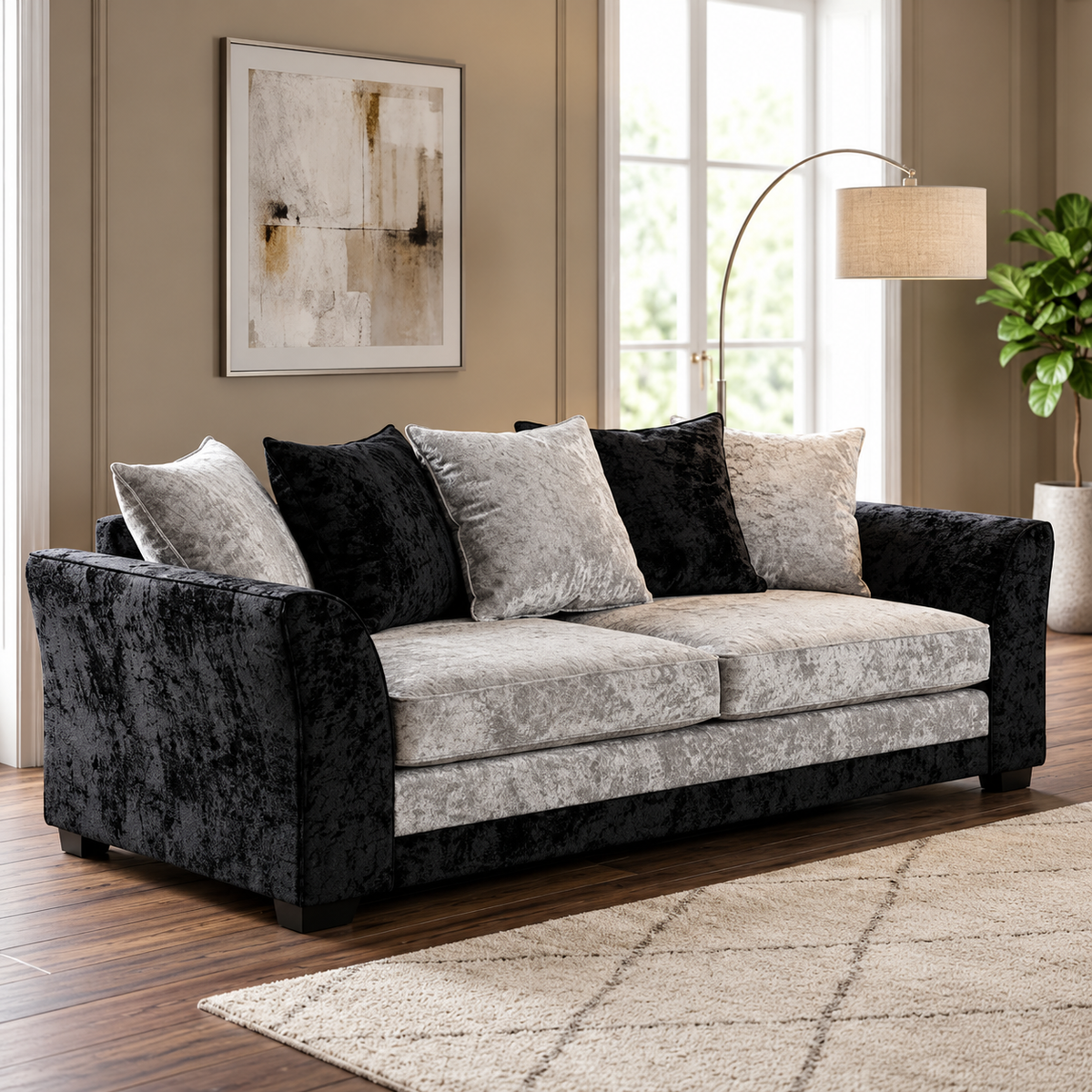 Black & Silver 3+2 Seater Sofa Set – Modern Crushed Velvet