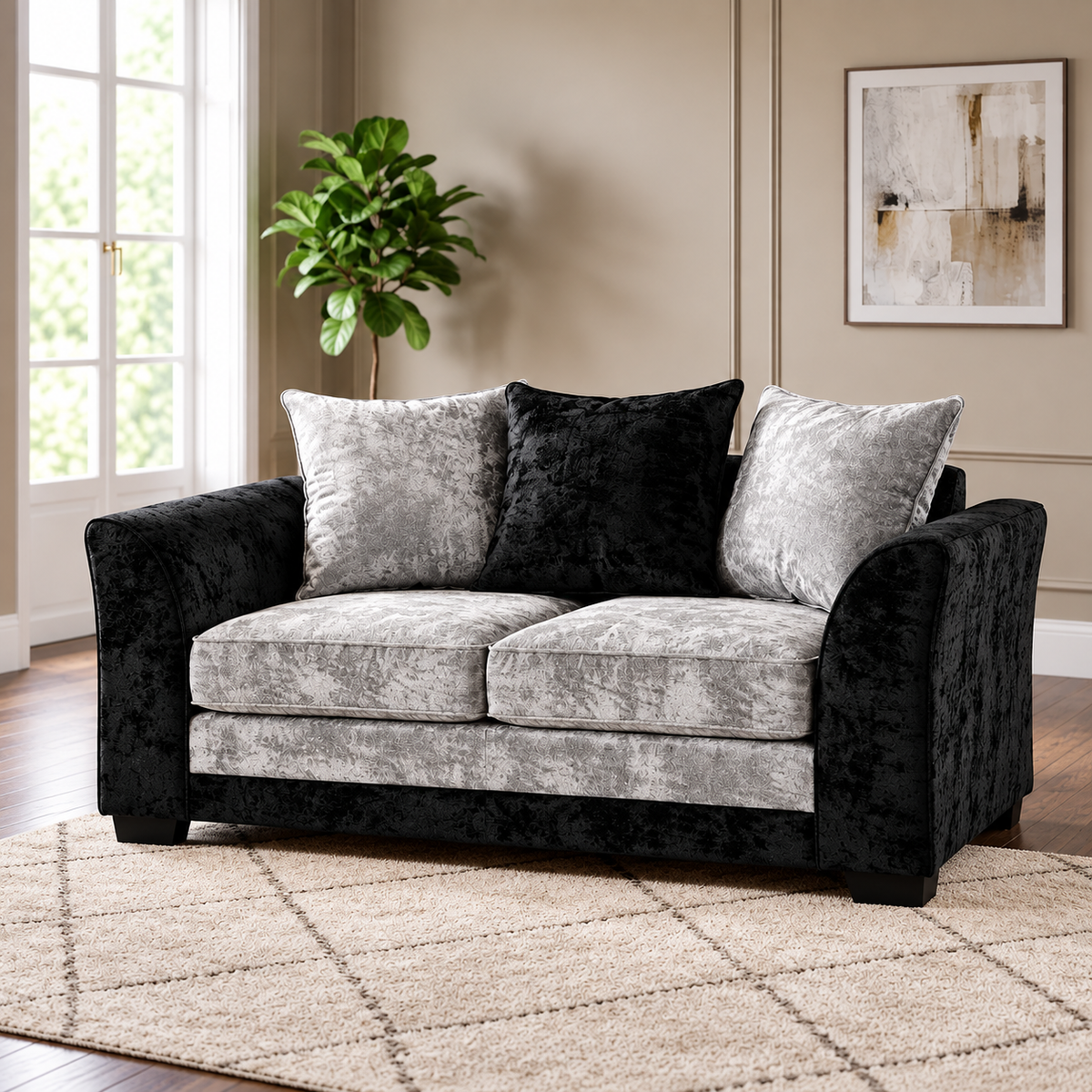 Black & Silver 3+2 Seater Sofa Set – Modern Crushed Velvet